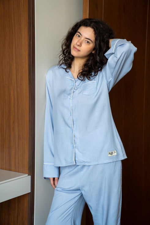 Women summer pajama set Light Blue buttoned shirt + Pants